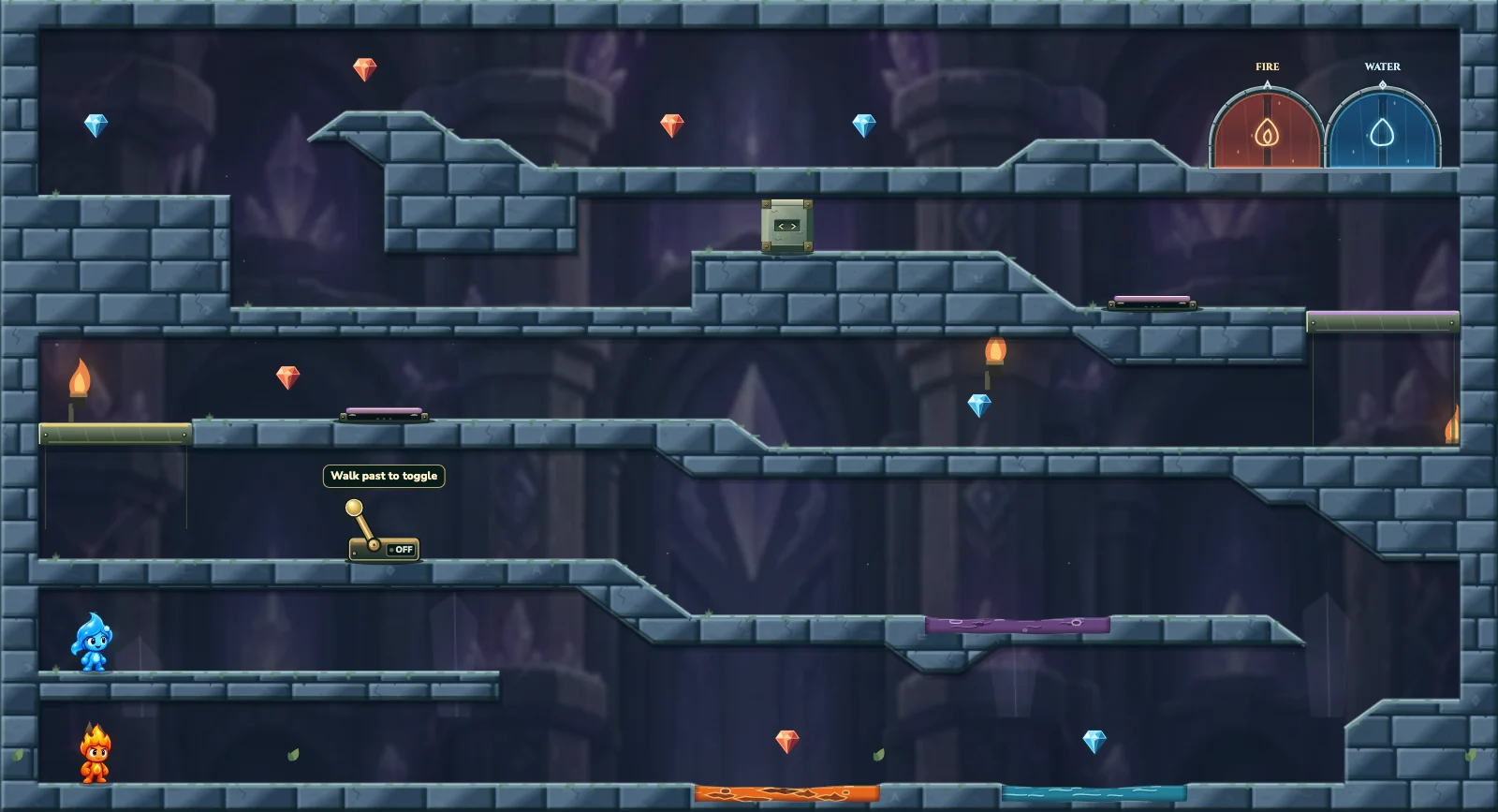 The Crystal Ascent, crystal level 1: actual game view with Fireboy, Watergirl, diamonds, elemental pools, matching exits, and this level’s mechanisms.