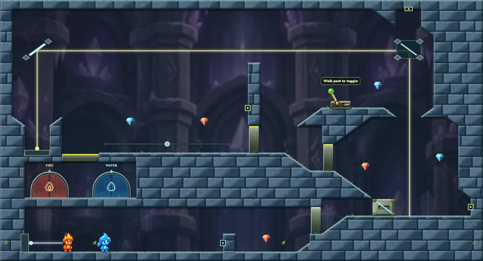 The Crystal Chamber 2, crystal level 2: actual game view with Fireboy, Watergirl, diamonds, elemental pools, matching exits, and this level’s mechanisms.
