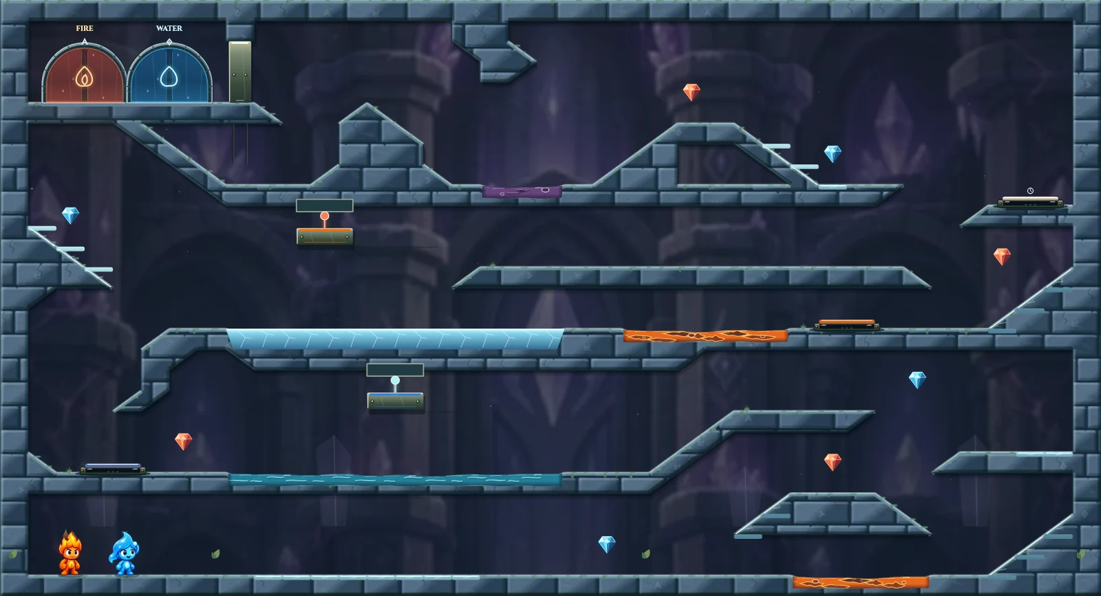 The Crystal Chamber 3, crystal level 3: actual game view with Fireboy, Watergirl, diamonds, elemental pools, matching exits, and this level’s mechanisms.