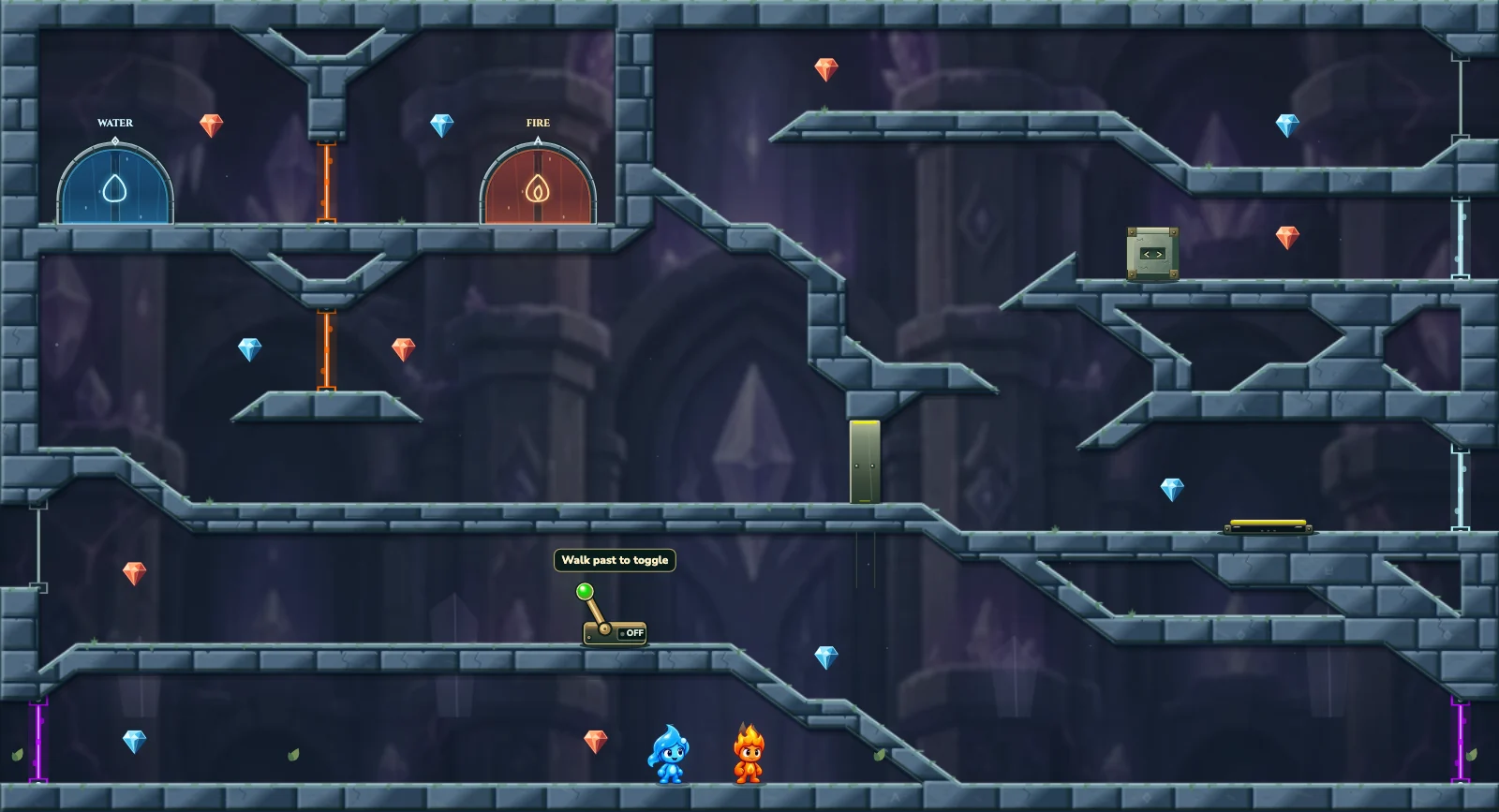 The First Crystal Passages, crystal level 4: actual game view with Fireboy, Watergirl, diamonds, elemental pools, matching exits, and this level’s mechanisms.