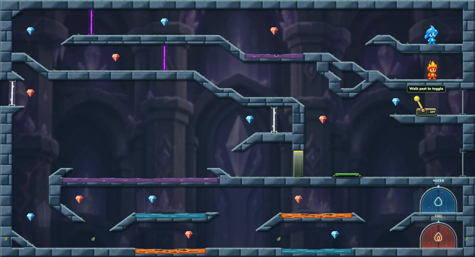 The Paired Crystal Gates, crystal level 5: actual game view with Fireboy, Watergirl, diamonds, elemental pools, matching exits, and this level’s mechanisms.