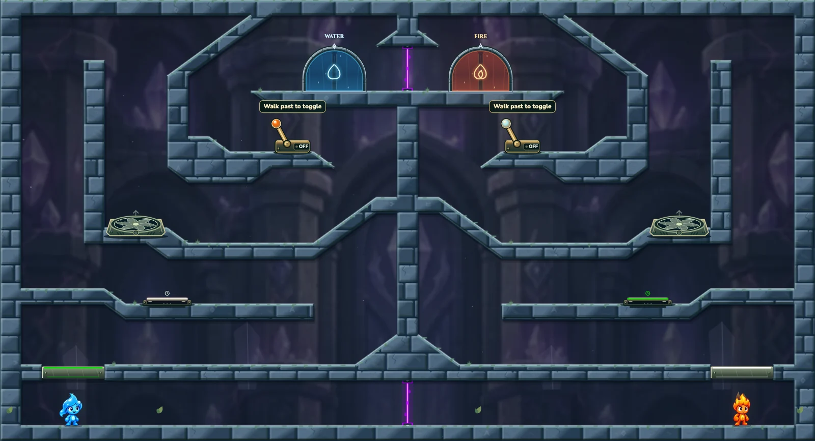 The Timed Wind Ascent, crystal level 6: actual game view with Fireboy, Watergirl, diamonds, elemental pools, matching exits, and this level’s mechanisms.