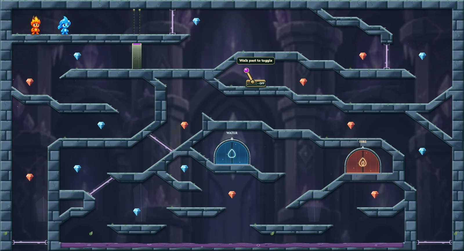 The Angled Portal Crossing, crystal level 7: actual game view with Fireboy, Watergirl, diamonds, elemental pools, matching exits, and this level’s mechanisms.