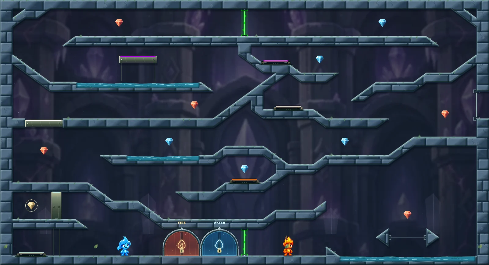 The Crystal Plate Relay, crystal level 8: actual game view with Fireboy, Watergirl, diamonds, elemental pools, matching exits, and this level’s mechanisms.
