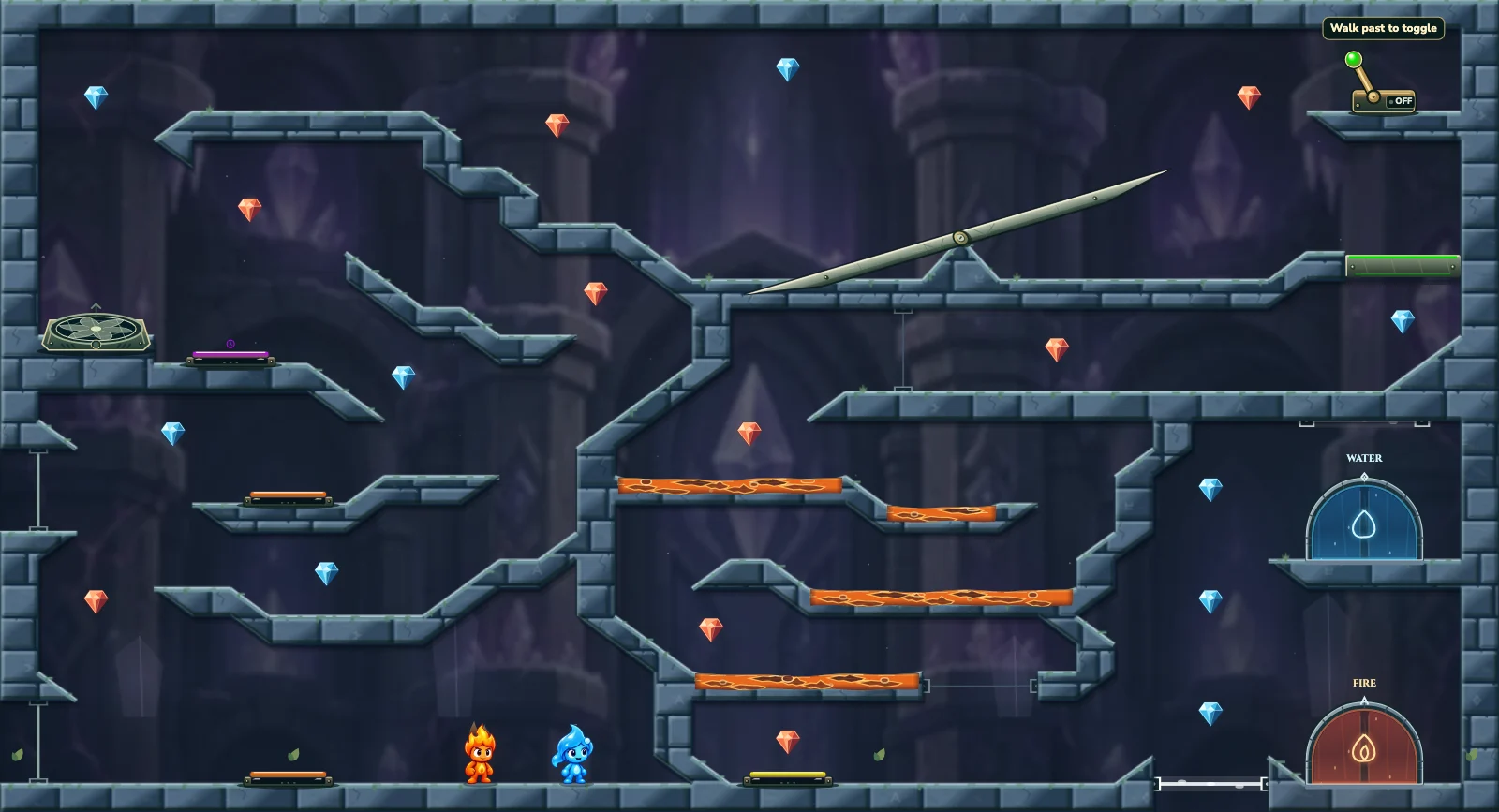 The Balance and Portal Tower, crystal level 9: actual game view with Fireboy, Watergirl, diamonds, elemental pools, matching exits, and this level’s mechanisms.