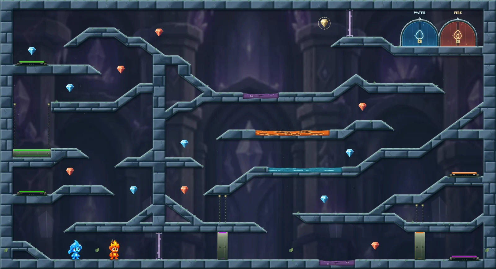 The Three Crystal Shelves, crystal level 10: actual game view with Fireboy, Watergirl, diamonds, elemental pools, matching exits, and this level’s mechanisms.