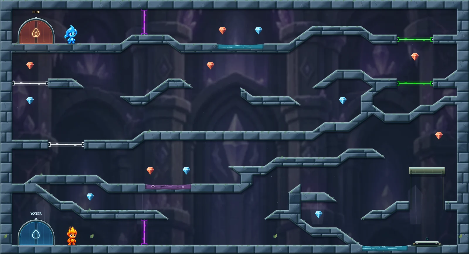 The Turning Portal Routes, crystal level 11: actual game view with Fireboy, Watergirl, diamonds, elemental pools, matching exits, and this level’s mechanisms.
