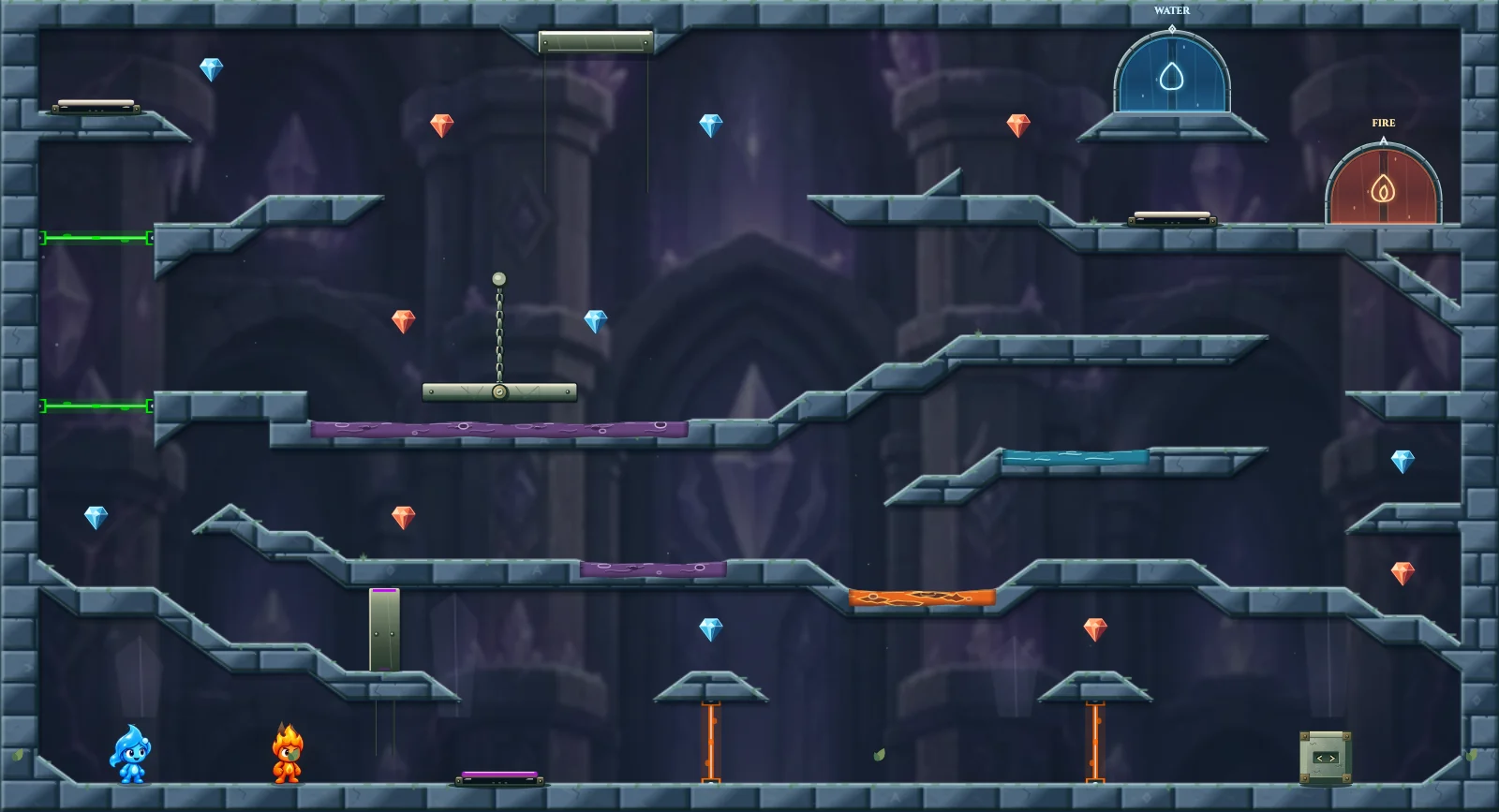 The Hanging Crystal Bridge, crystal level 12: actual game view with Fireboy, Watergirl, diamonds, elemental pools, matching exits, and this level’s mechanisms.