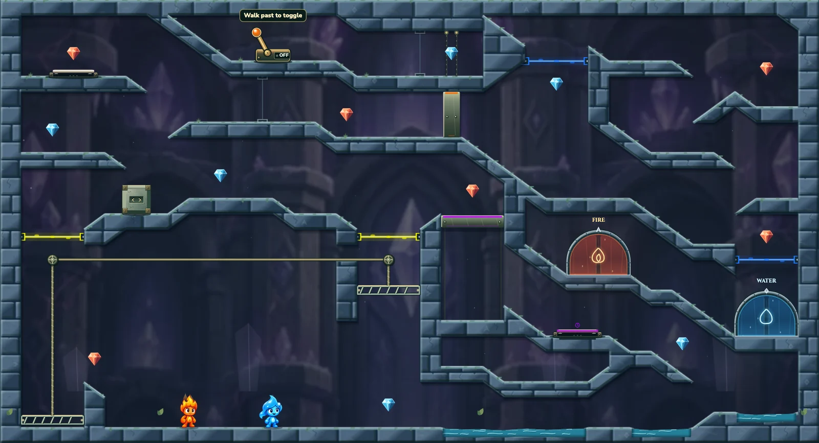 The Portal Counterweights, crystal level 13: actual game view with Fireboy, Watergirl, diamonds, elemental pools, matching exits, and this level’s mechanisms.