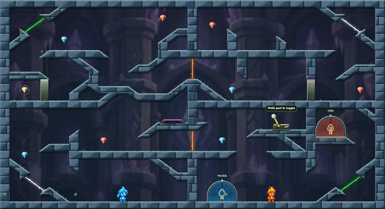 The Diagonal Crystal Puzzle, crystal level 14: actual game view with Fireboy, Watergirl, diamonds, elemental pools, matching exits, and this level’s mechanisms.