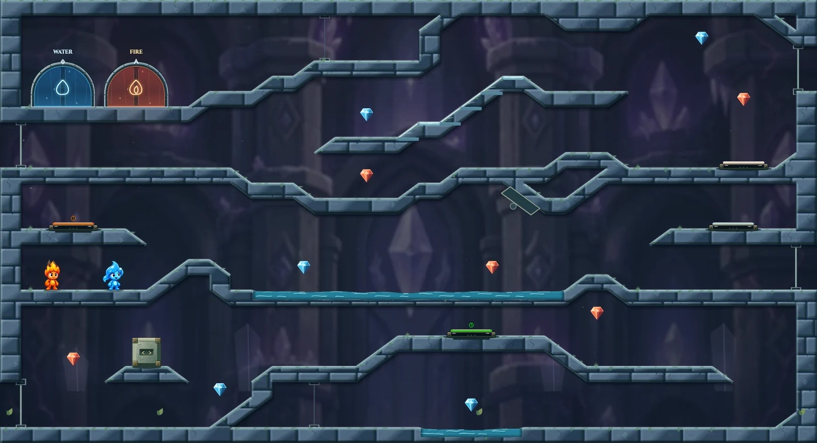 The Crystal Chamber 15, crystal level 15: actual game view with Fireboy, Watergirl, diamonds, elemental pools, matching exits, and this level’s mechanisms.