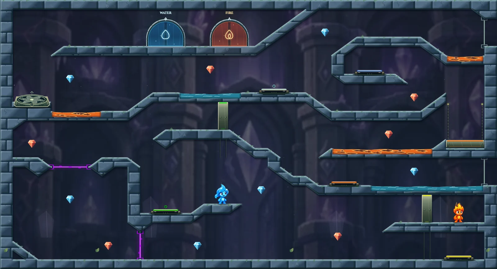 The Timed Crystal Return, crystal level 16: actual game view with Fireboy, Watergirl, diamonds, elemental pools, matching exits, and this level’s mechanisms.