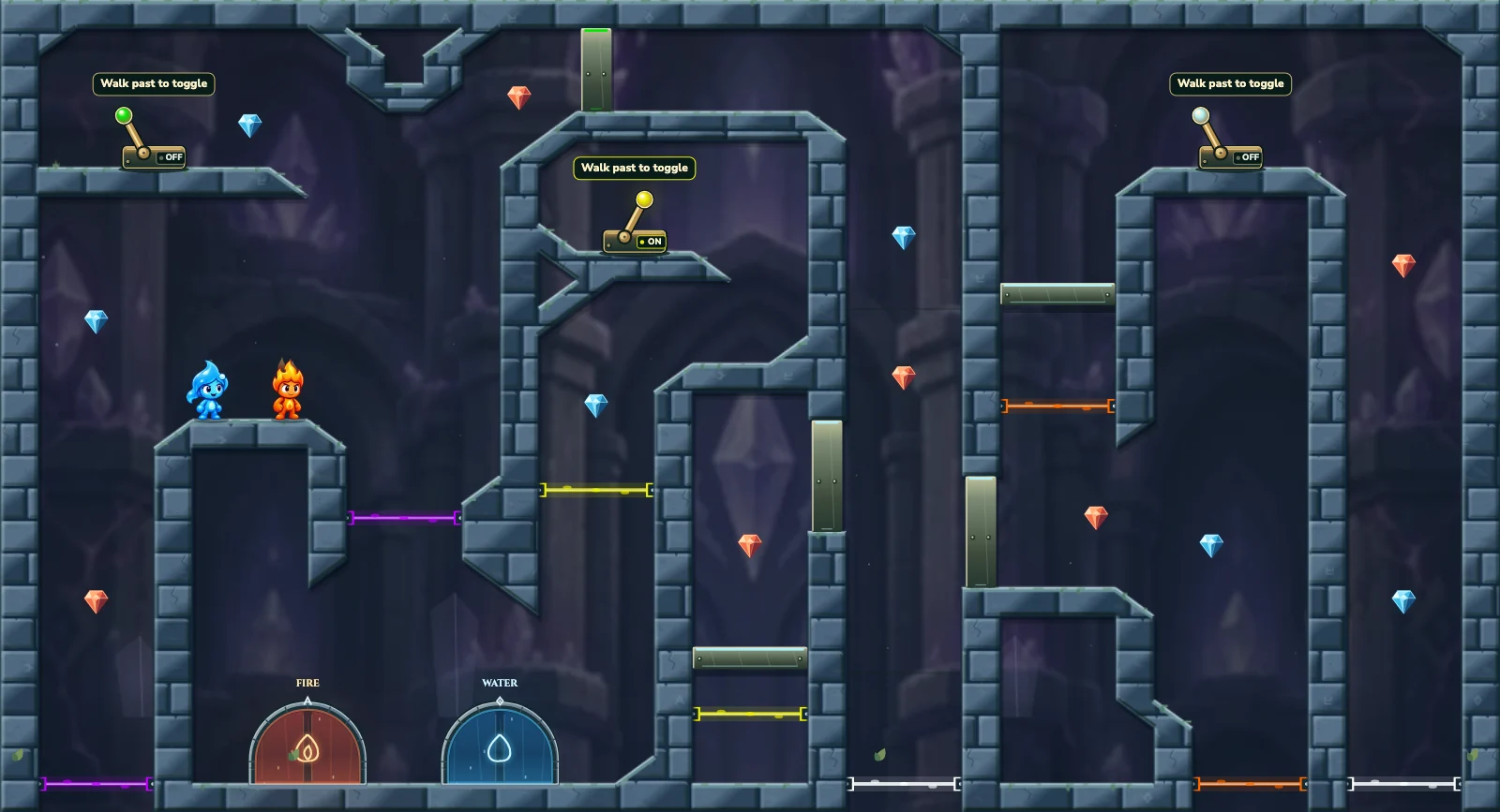 The Four Portal Chambers, crystal level 17: actual game view with Fireboy, Watergirl, diamonds, elemental pools, matching exits, and this level’s mechanisms.