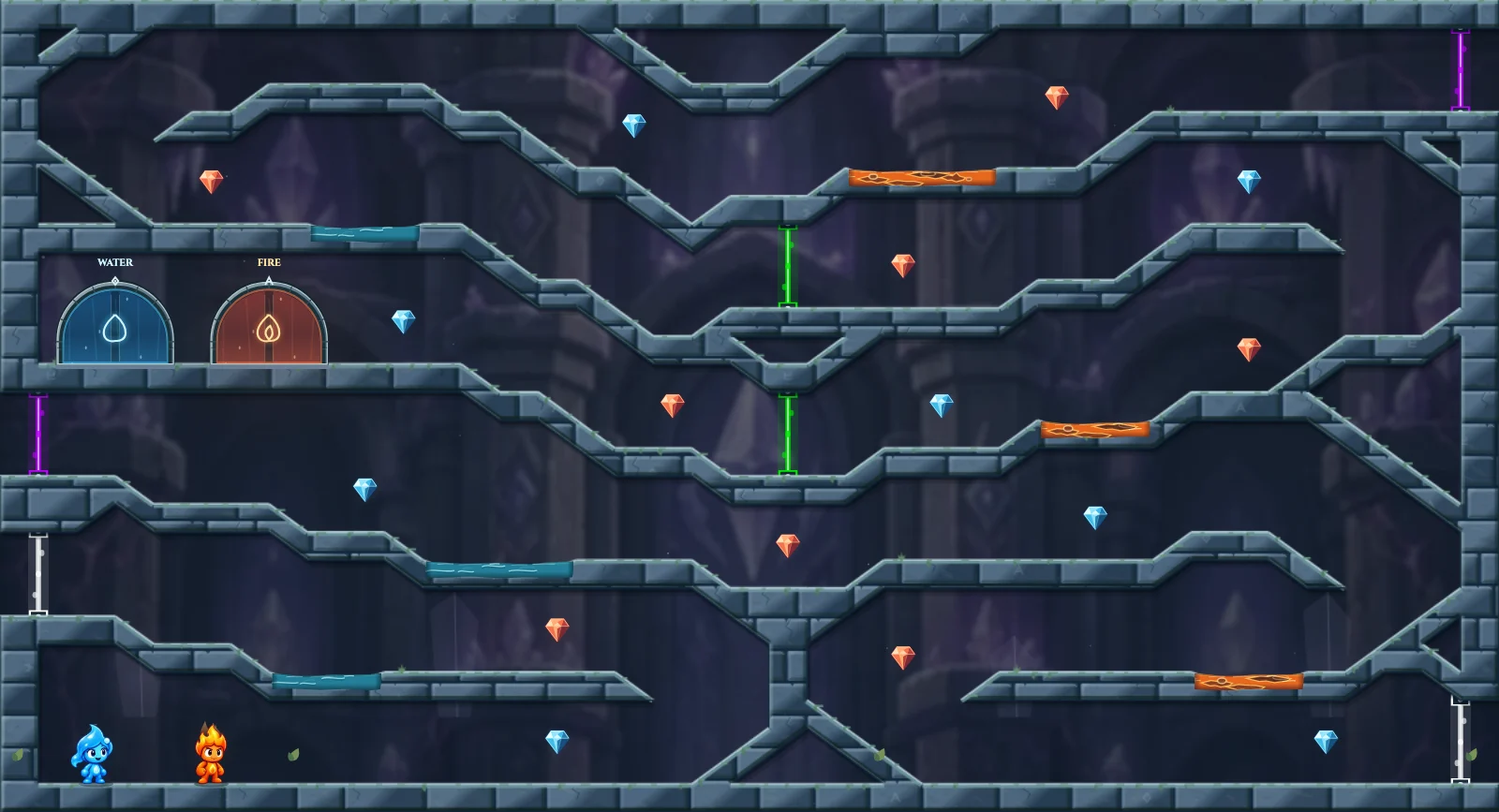 The Crystal Loop, crystal level 18: actual game view with Fireboy, Watergirl, diamonds, elemental pools, matching exits, and this level’s mechanisms.