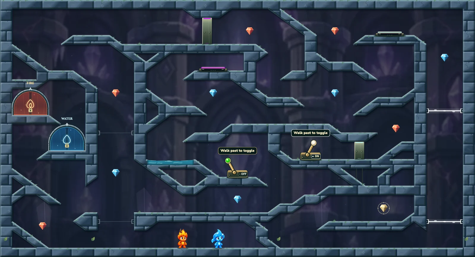 The Paired Portal Switches, crystal level 19: actual game view with Fireboy, Watergirl, diamonds, elemental pools, matching exits, and this level’s mechanisms.
