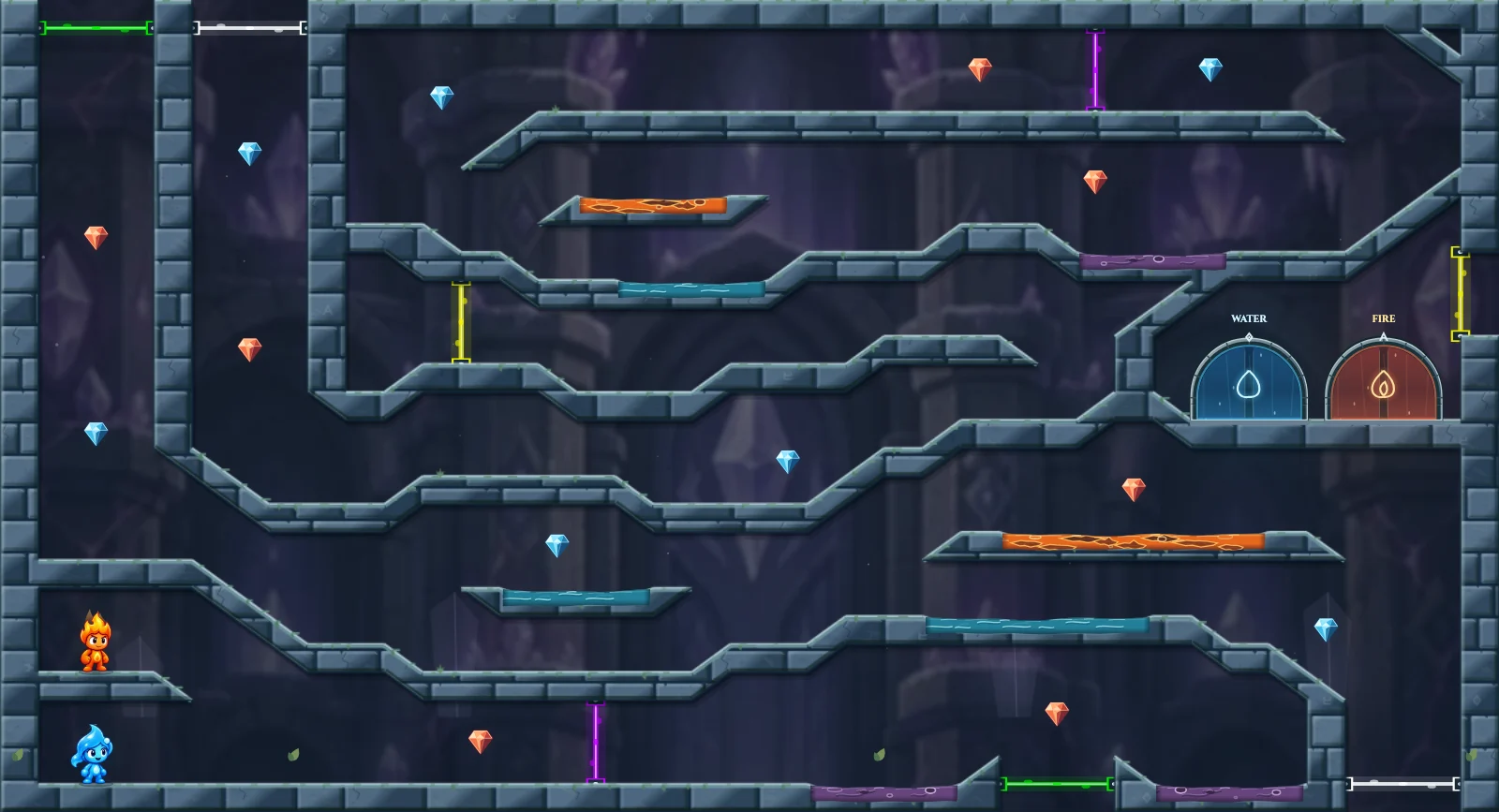 The Four-Way Crossing, crystal level 20: actual game view with Fireboy, Watergirl, diamonds, elemental pools, matching exits, and this level’s mechanisms.