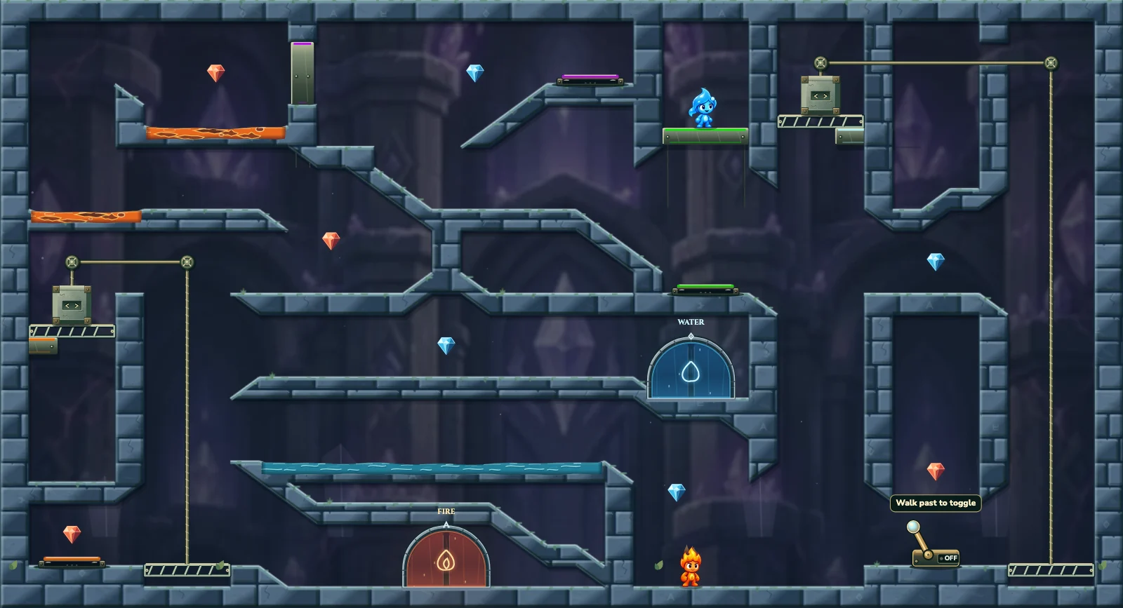 The Twin Counterweight Shafts, crystal level 21: actual game view with Fireboy, Watergirl, diamonds, elemental pools, matching exits, and this level’s mechanisms.