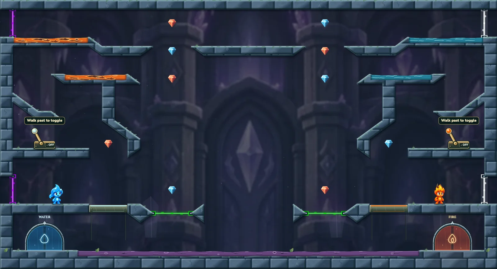 The Mirrored Portal Ascent, crystal level 22: actual game view with Fireboy, Watergirl, diamonds, elemental pools, matching exits, and this level’s mechanisms.