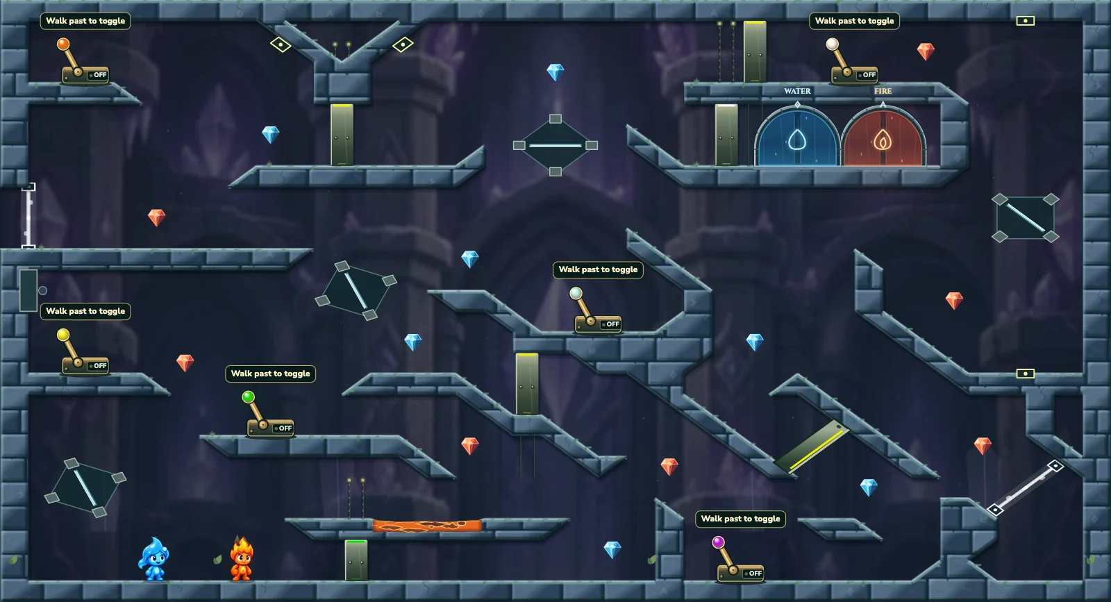 The Crystal Chamber 23, crystal level 23: actual game view with Fireboy, Watergirl, diamonds, elemental pools, matching exits, and this level’s mechanisms.