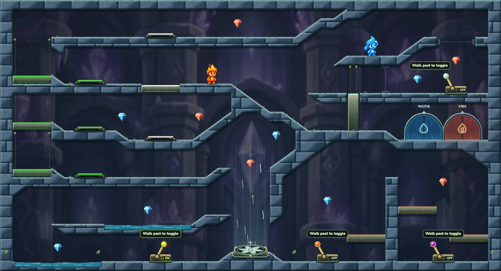 The Eight Moving Passages, crystal level 24: actual game view with Fireboy, Watergirl, diamonds, elemental pools, matching exits, and this level’s mechanisms.