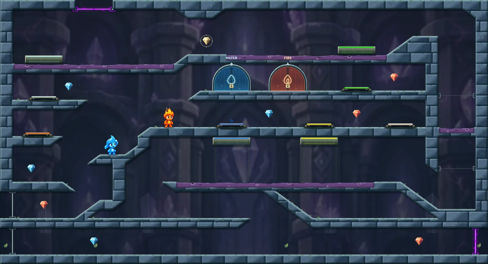 The Timed Portal Puzzle, crystal level 25: actual game view with Fireboy, Watergirl, diamonds, elemental pools, matching exits, and this level’s mechanisms.