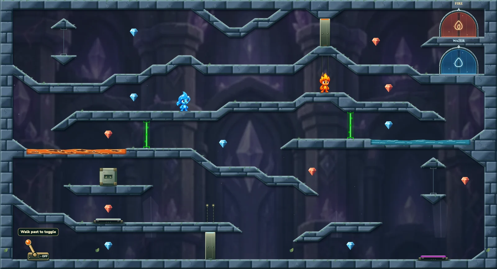 The Block and Crystal Gates, crystal level 26: actual game view with Fireboy, Watergirl, diamonds, elemental pools, matching exits, and this level’s mechanisms.