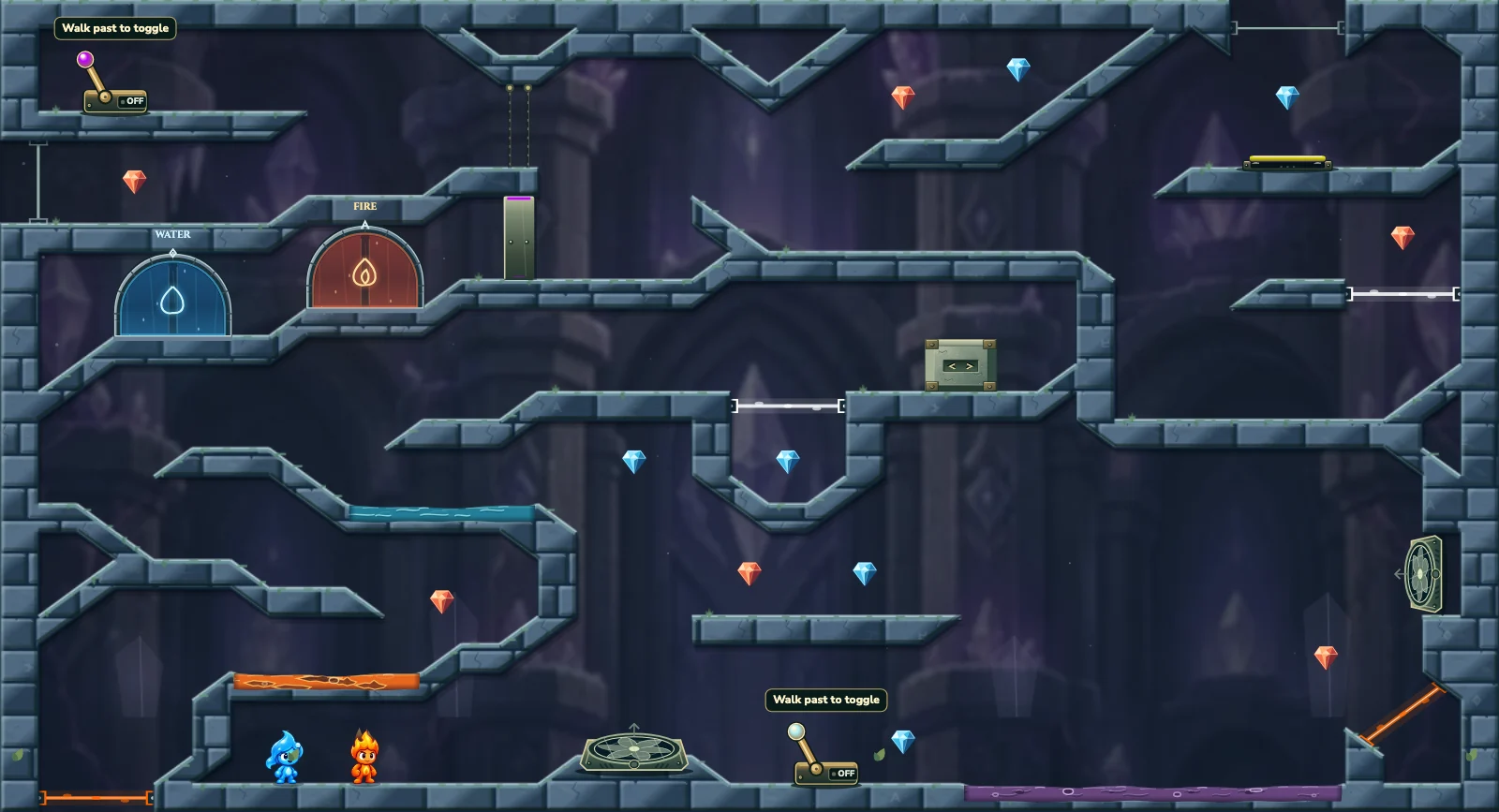 The Wind Portal Relay, crystal level 27: actual game view with Fireboy, Watergirl, diamonds, elemental pools, matching exits, and this level’s mechanisms.