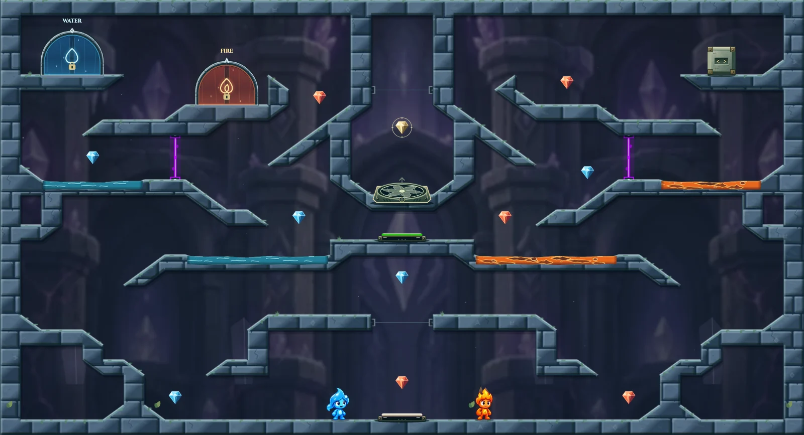 The Weighted Air Passage, crystal level 28: actual game view with Fireboy, Watergirl, diamonds, elemental pools, matching exits, and this level’s mechanisms.