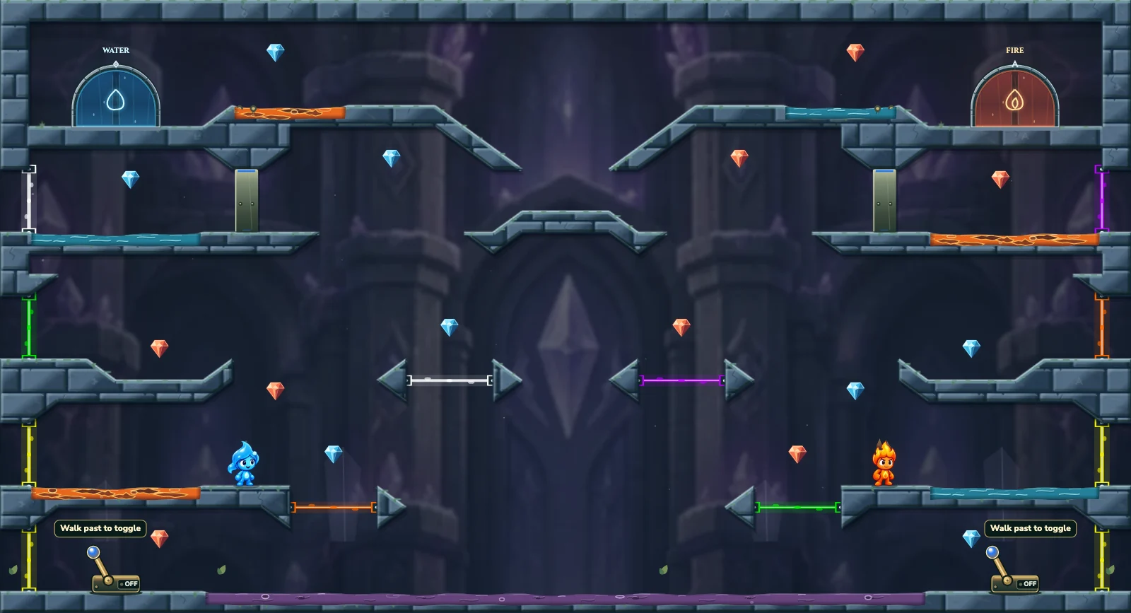 The Six Crystal Crossings, crystal level 29: actual game view with Fireboy, Watergirl, diamonds, elemental pools, matching exits, and this level’s mechanisms.