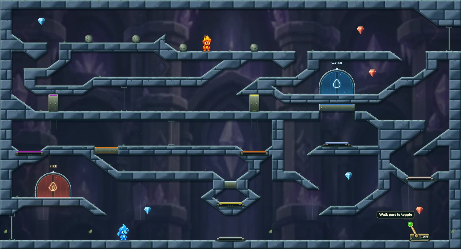 The Rolling Crystal Circuit, crystal level 30: actual game view with Fireboy, Watergirl, diamonds, elemental pools, matching exits, and this level’s mechanisms.