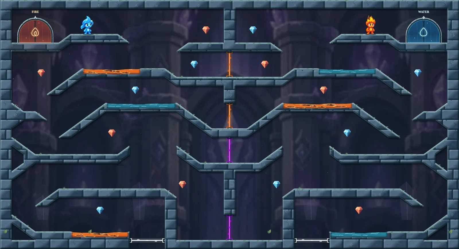 The Mirrored Crystal Loop, crystal level 31: actual game view with Fireboy, Watergirl, diamonds, elemental pools, matching exits, and this level’s mechanisms.