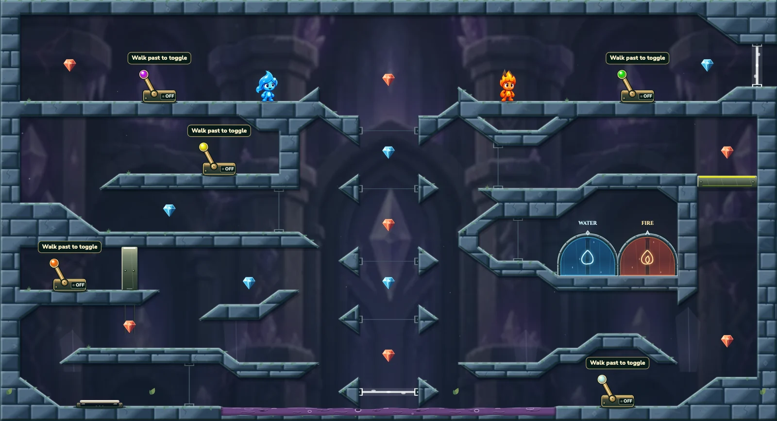 The Five Portal Switches, crystal level 32: actual game view with Fireboy, Watergirl, diamonds, elemental pools, matching exits, and this level’s mechanisms.