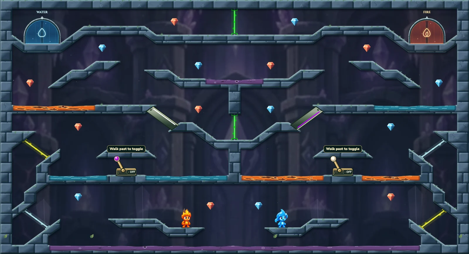 The Angled Crystal Shelves, crystal level 33: actual game view with Fireboy, Watergirl, diamonds, elemental pools, matching exits, and this level’s mechanisms.
