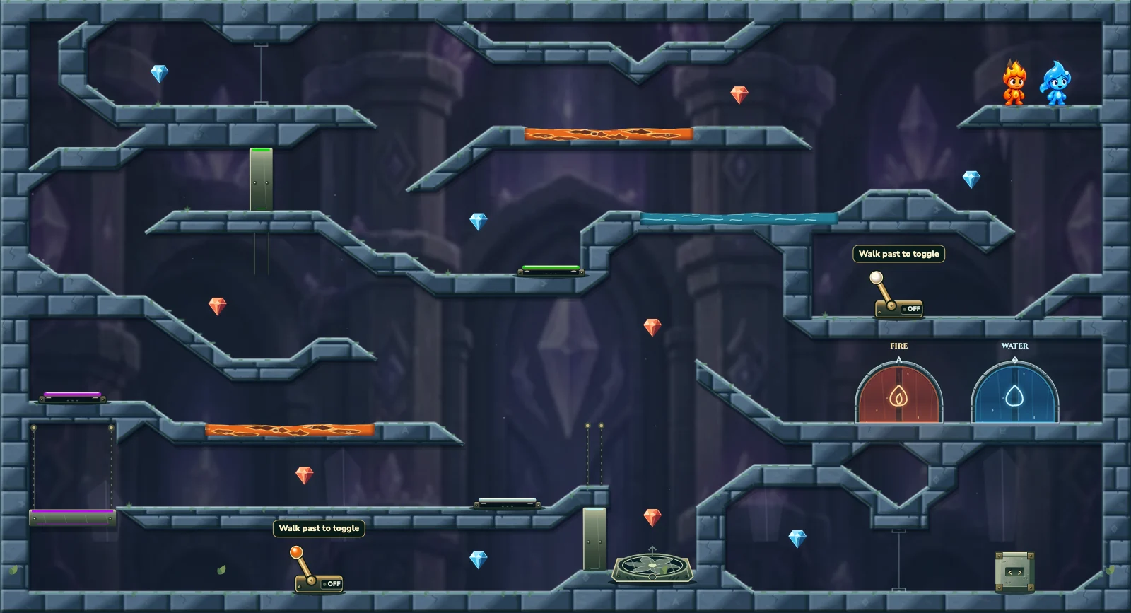 The Wind and Block Circuit, crystal level 34: actual game view with Fireboy, Watergirl, diamonds, elemental pools, matching exits, and this level’s mechanisms.