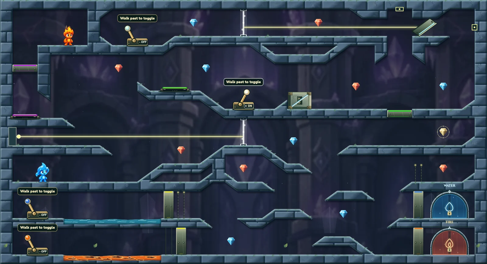 The Crystal Chamber 35, crystal level 35: actual game view with Fireboy, Watergirl, diamonds, elemental pools, matching exits, and this level’s mechanisms.