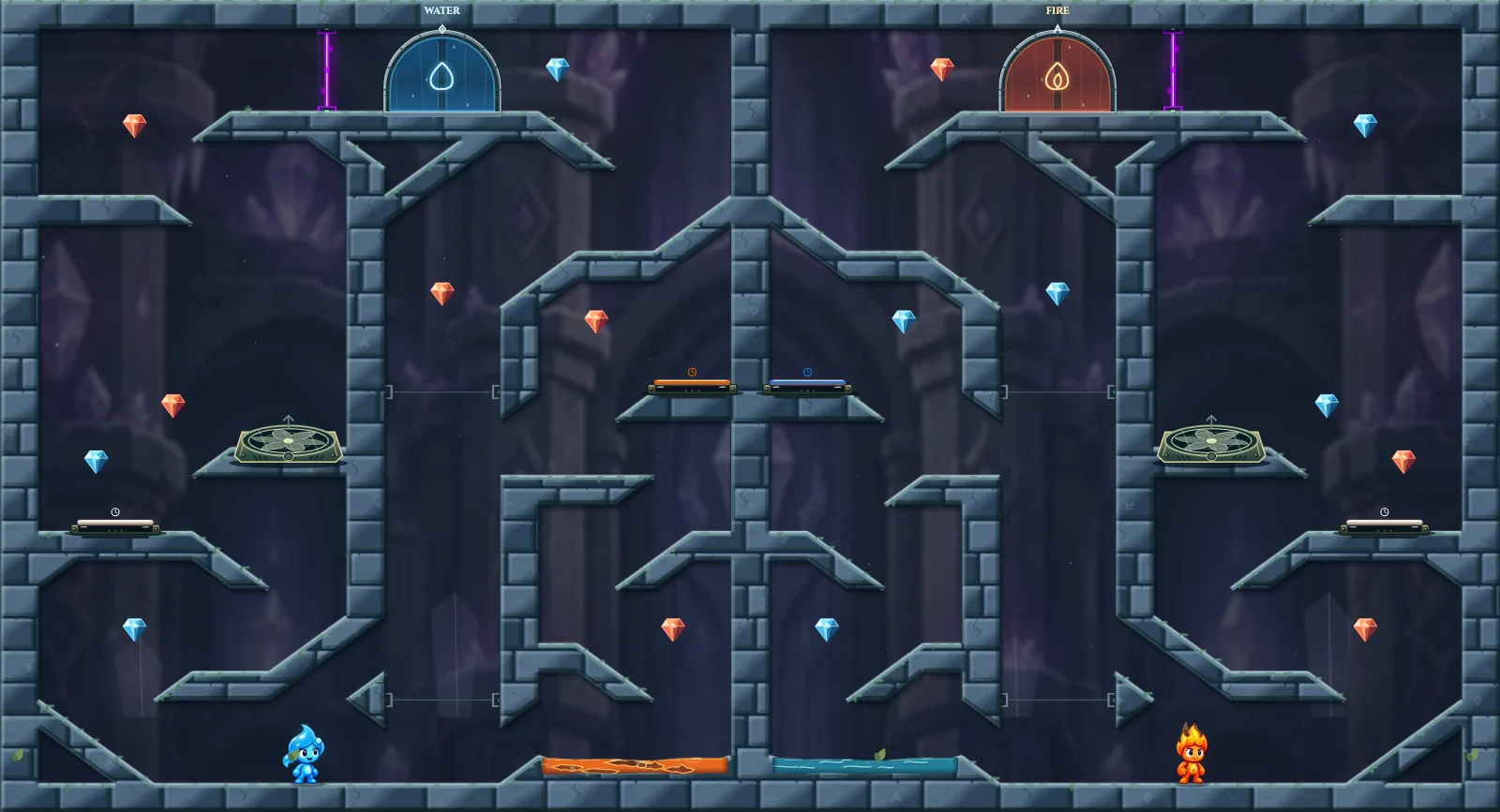 The Timed Wind Portals, crystal level 36: actual game view with Fireboy, Watergirl, diamonds, elemental pools, matching exits, and this level’s mechanisms.