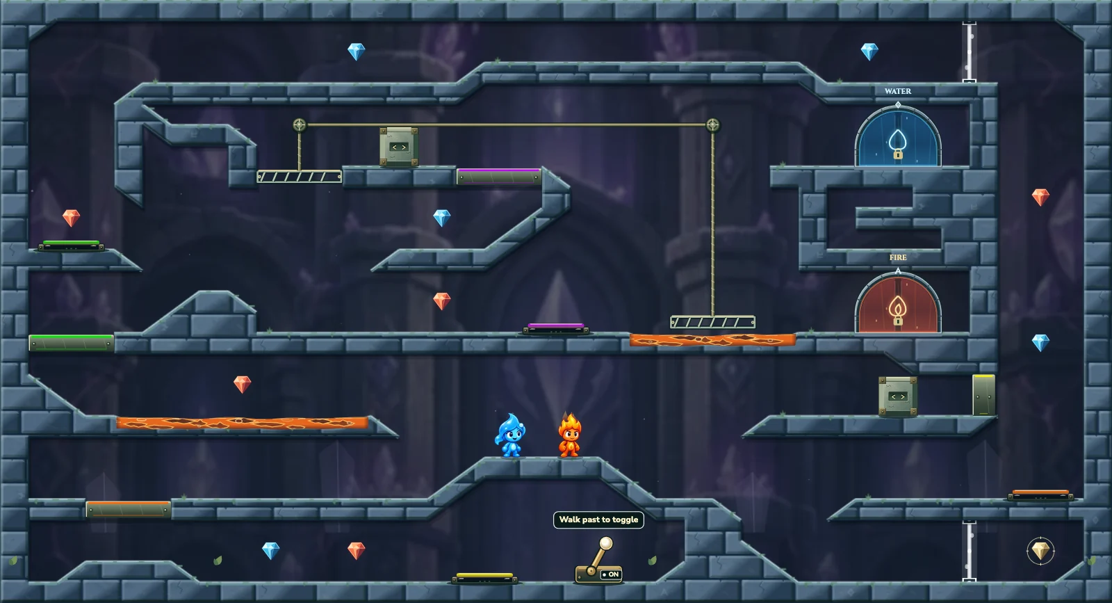 The Crystal Weight Puzzle, crystal level 37: actual game view with Fireboy, Watergirl, diamonds, elemental pools, matching exits, and this level’s mechanisms.