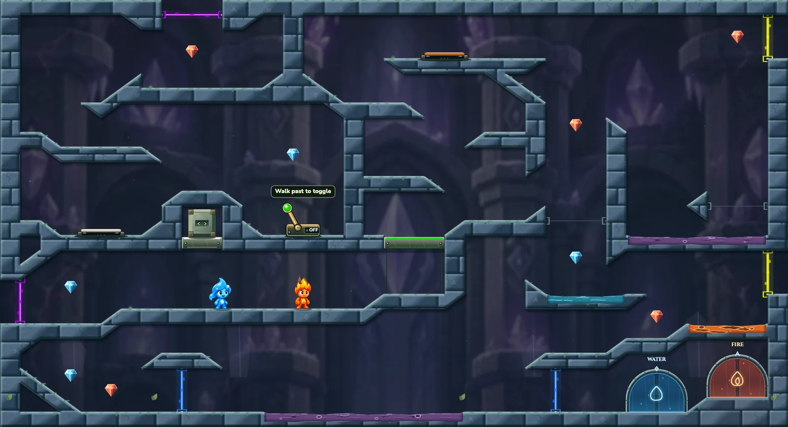 The Four Portal Puzzle, crystal level 38: actual game view with Fireboy, Watergirl, diamonds, elemental pools, matching exits, and this level’s mechanisms.