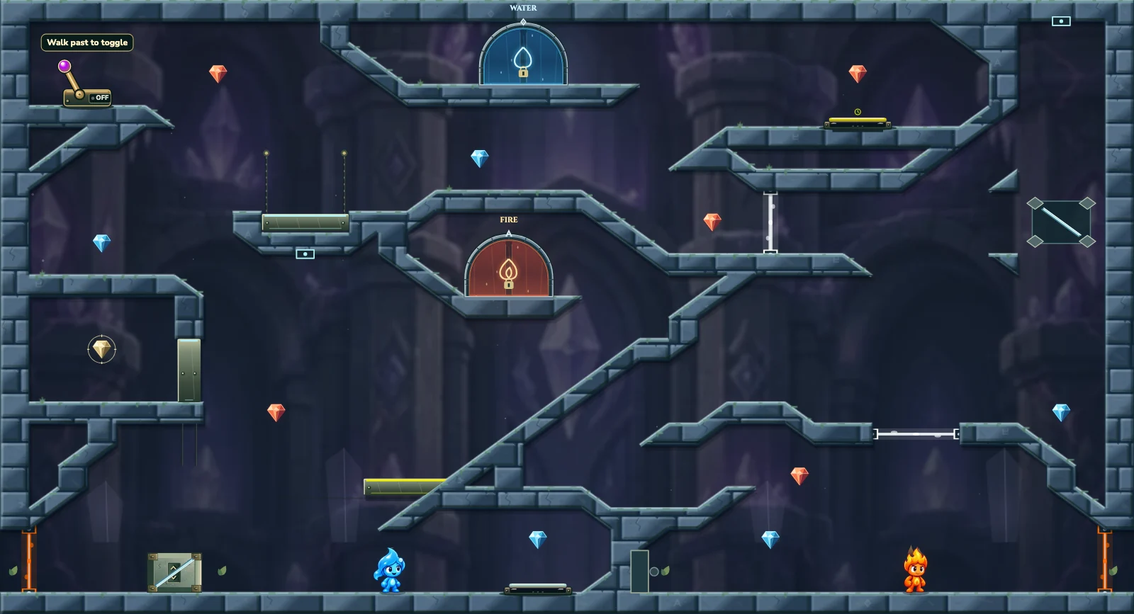 The Crystal Chamber 39, crystal level 39: actual game view with Fireboy, Watergirl, diamonds, elemental pools, matching exits, and this level’s mechanisms.