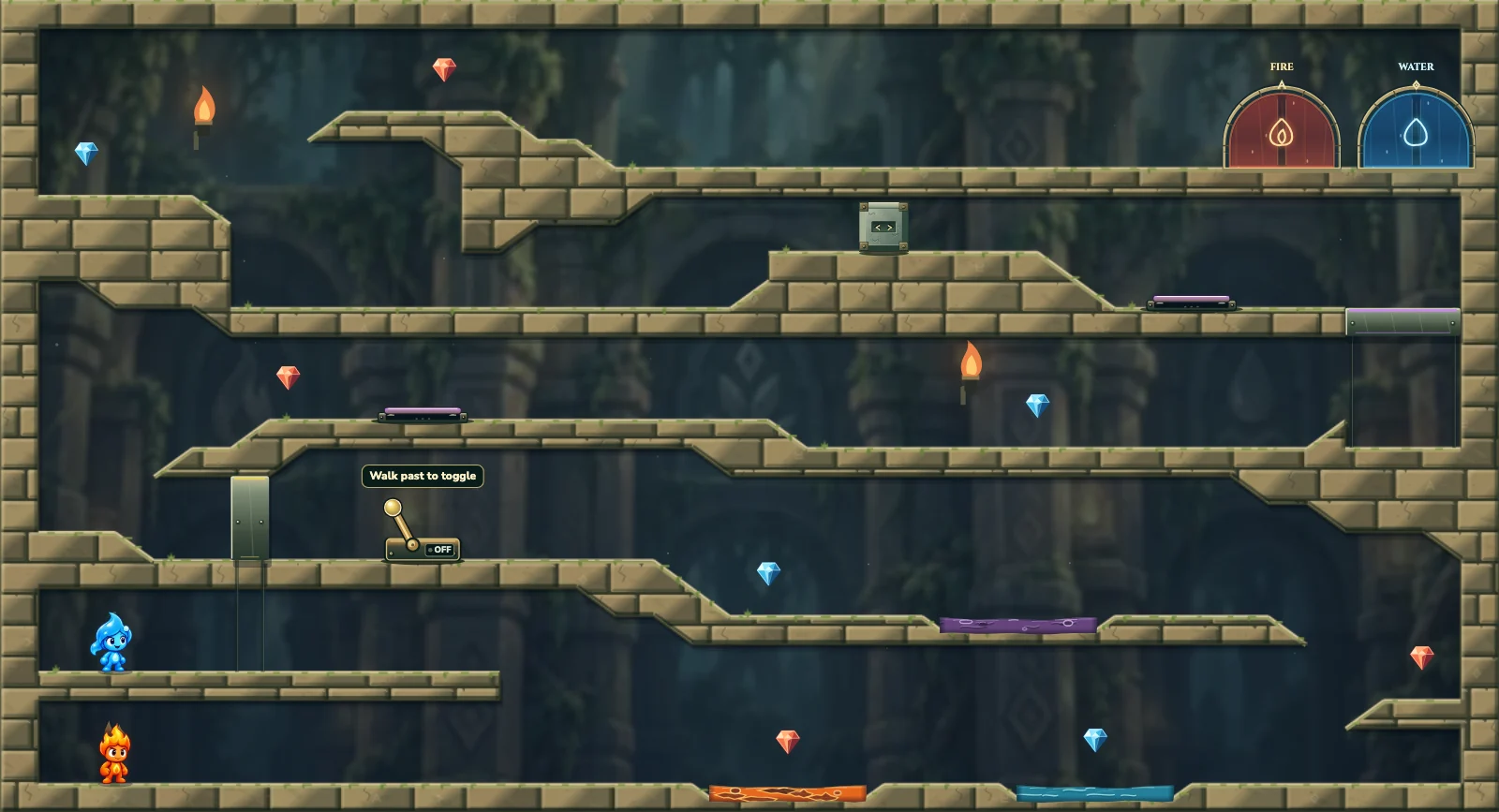 The Elements Begin, elements level 1: actual game view with Fireboy, Watergirl, diamonds, elemental pools, matching exits, and this level’s mechanisms.