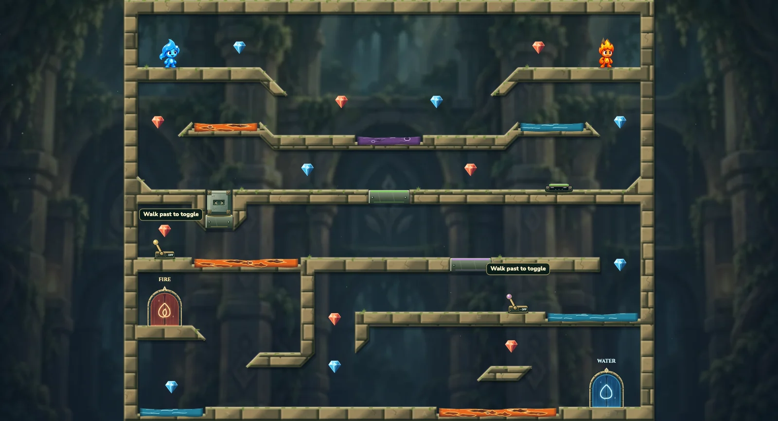The Crossing Descent, elements level 2: actual game view with Fireboy, Watergirl, diamonds, elemental pools, matching exits, and this level’s mechanisms.