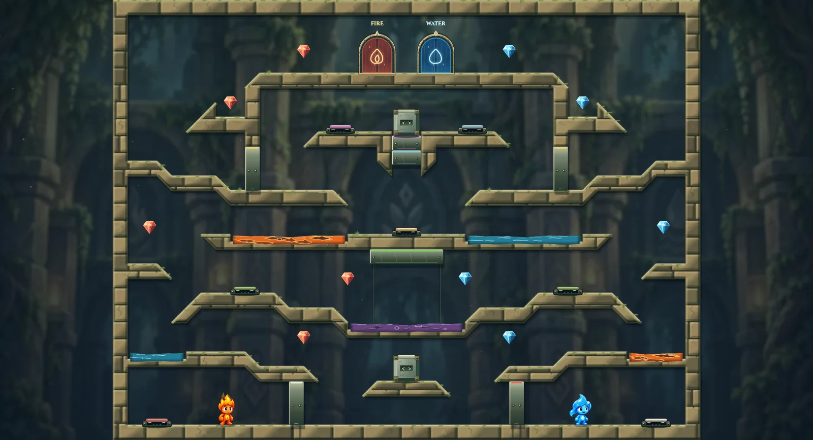 The Paired Ascent, elements level 3: actual game view with Fireboy, Watergirl, diamonds, elemental pools, matching exits, and this level’s mechanisms.