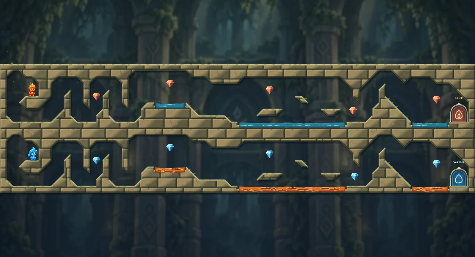 The Parallel Crossing, elements level 4: actual game view with Fireboy, Watergirl, diamonds, elemental pools, matching exits, and this level’s mechanisms.