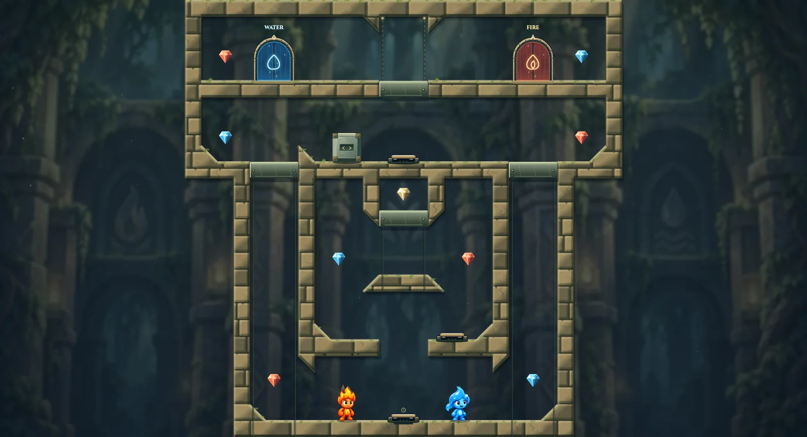 The Clockwork Descent, elements level 5: actual game view with Fireboy, Watergirl, diamonds, elemental pools, matching exits, and this level’s mechanisms.
