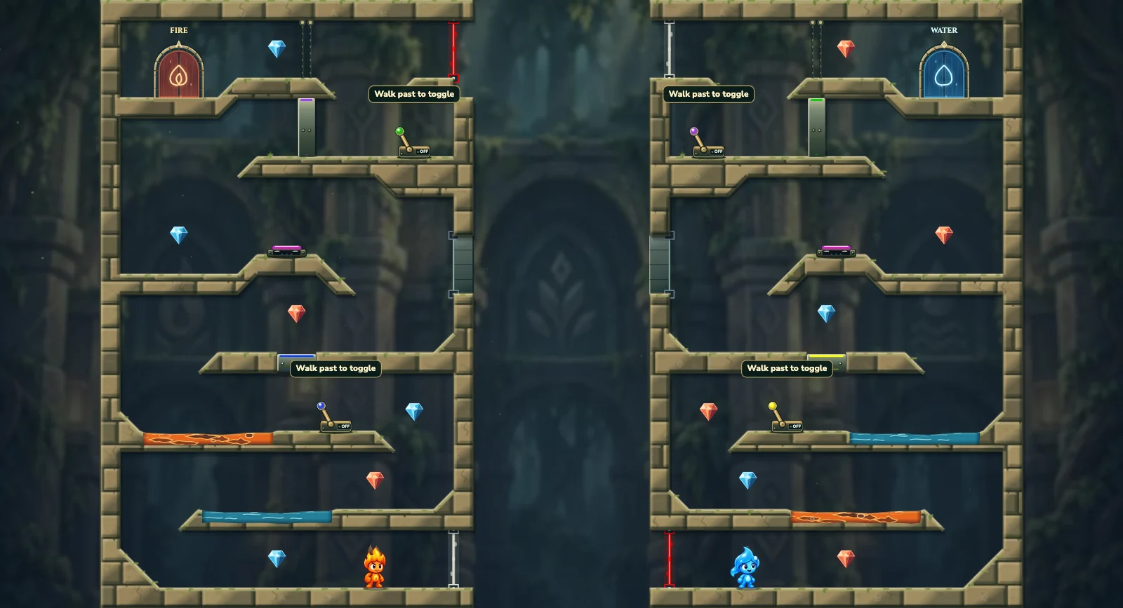 The Divided Portal Vault, elements level 6: actual game view with Fireboy, Watergirl, diamonds, elemental pools, matching exits, and this level’s mechanisms.