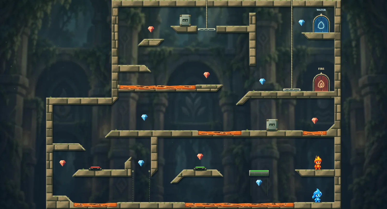 The Counterweight Furnace, elements level 7: actual game view with Fireboy, Watergirl, diamonds, elemental pools, matching exits, and this level’s mechanisms.