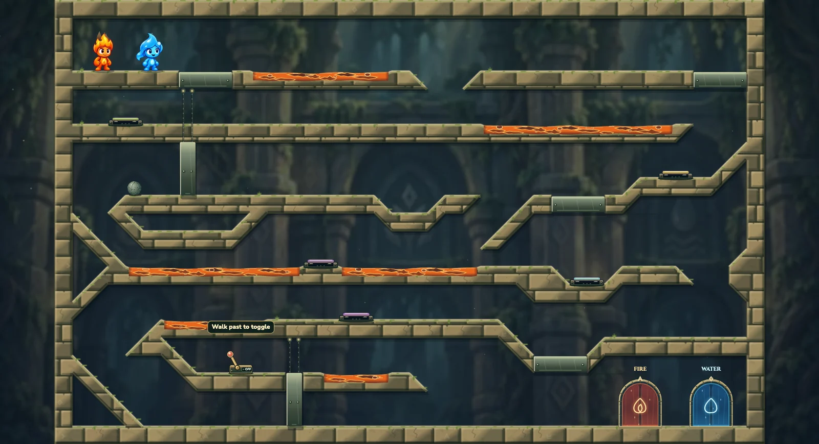 The Furnace Switchback, elements level 8: actual game view with Fireboy, Watergirl, diamonds, elemental pools, matching exits, and this level’s mechanisms.