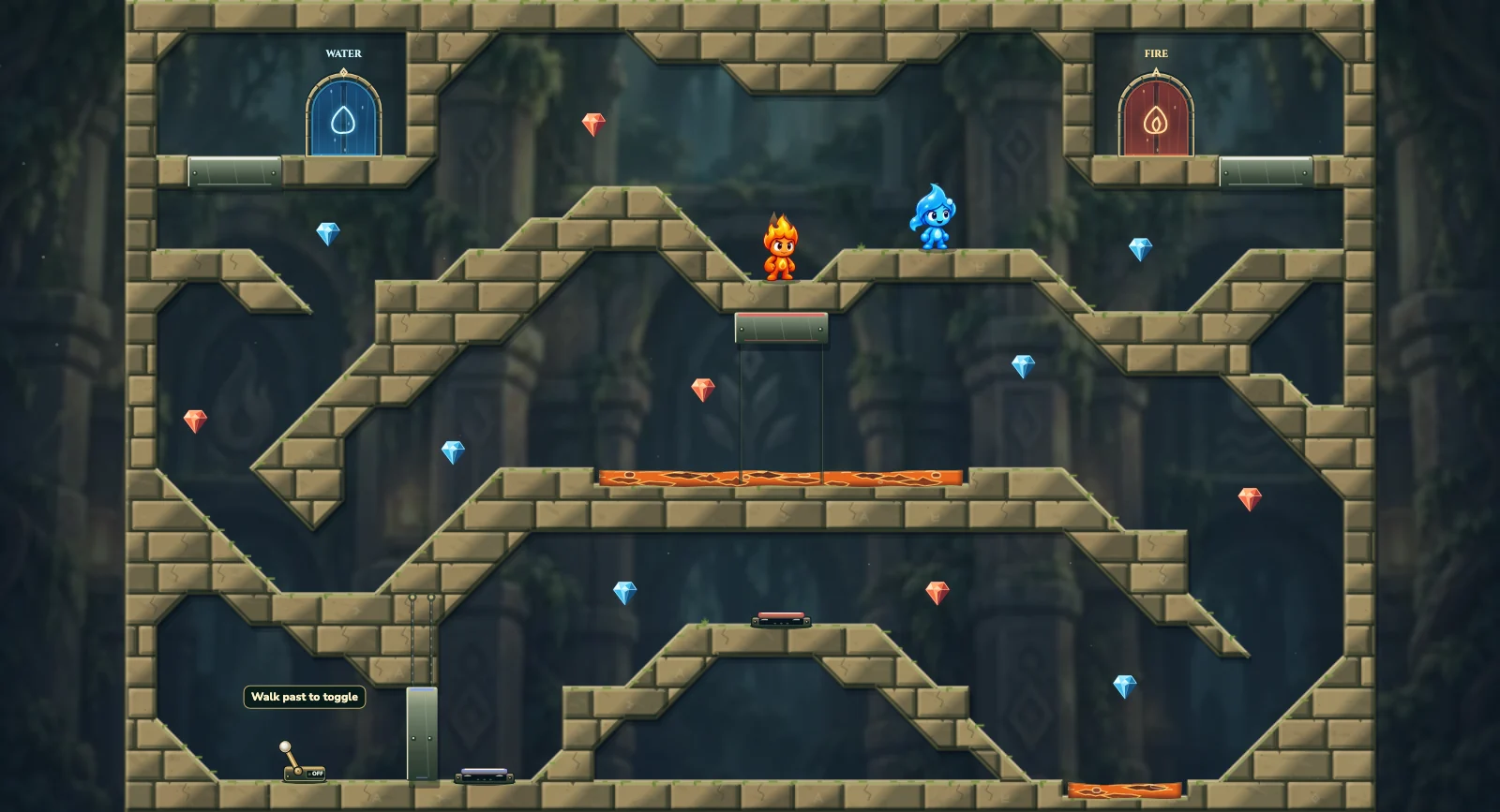 The Furnace Return, elements level 9: actual game view with Fireboy, Watergirl, diamonds, elemental pools, matching exits, and this level’s mechanisms.