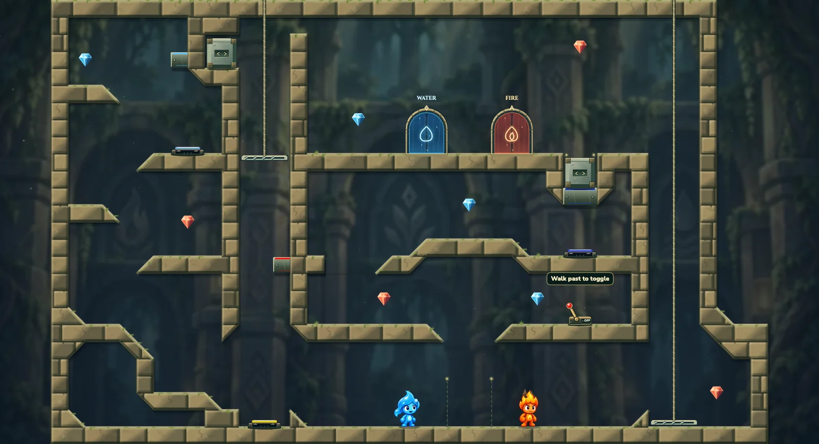 The Two-Crate Relay, elements level 10: actual game view with Fireboy, Watergirl, diamonds, elemental pools, matching exits, and this level’s mechanisms.