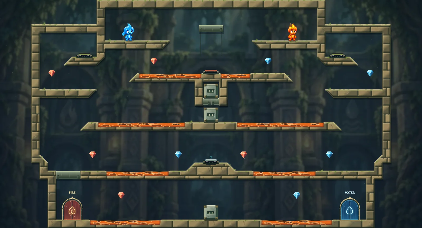 The Timed Ember Store, elements level 11: actual game view with Fireboy, Watergirl, diamonds, elemental pools, matching exits, and this level’s mechanisms.
